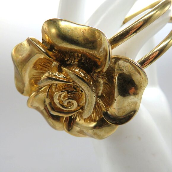 Rose Bracelet Gold Tone Blooming 3D Flower Statement Cuff Hinged Clasp - Picture 1 of 11
